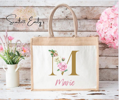 Sweet Floral Initial Burlap Bag