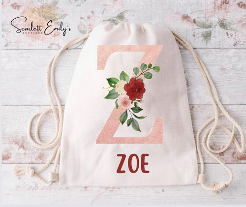 Floral Initial Drawstring Bag